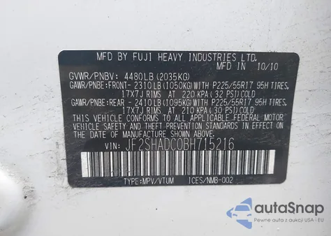 2011 Subaru Forester 2.5X Premium z USA, uszkodzony, nr VIN JF2SHADCOBH715216